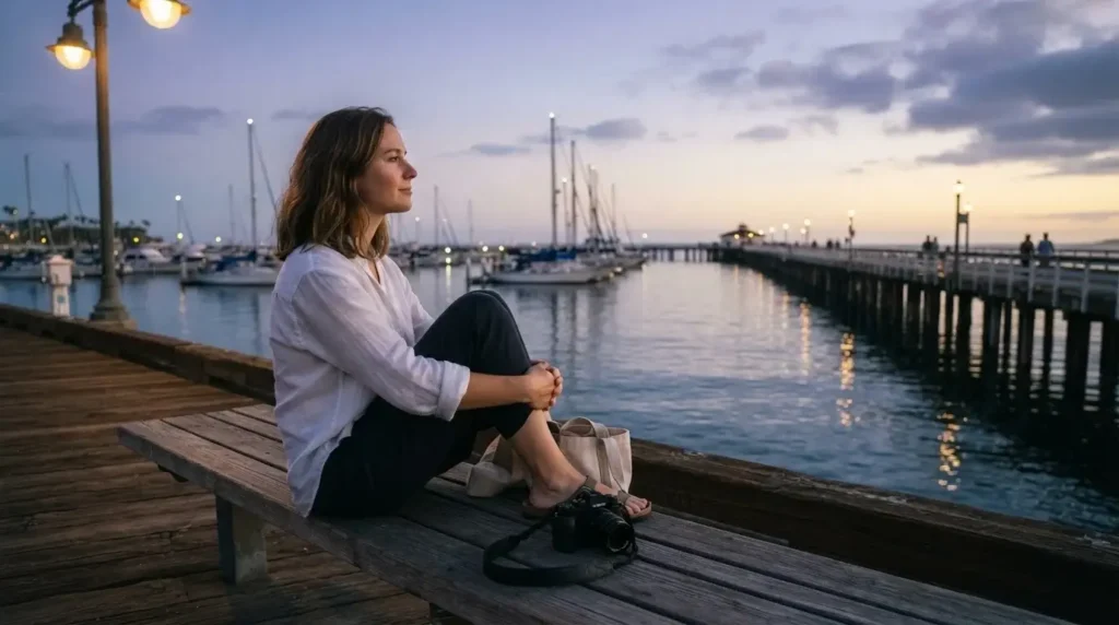 Solo female traveler sitting on a bench along the Santa Barbara waterfront at dusk watching sailboats on the Pacific Ocean California