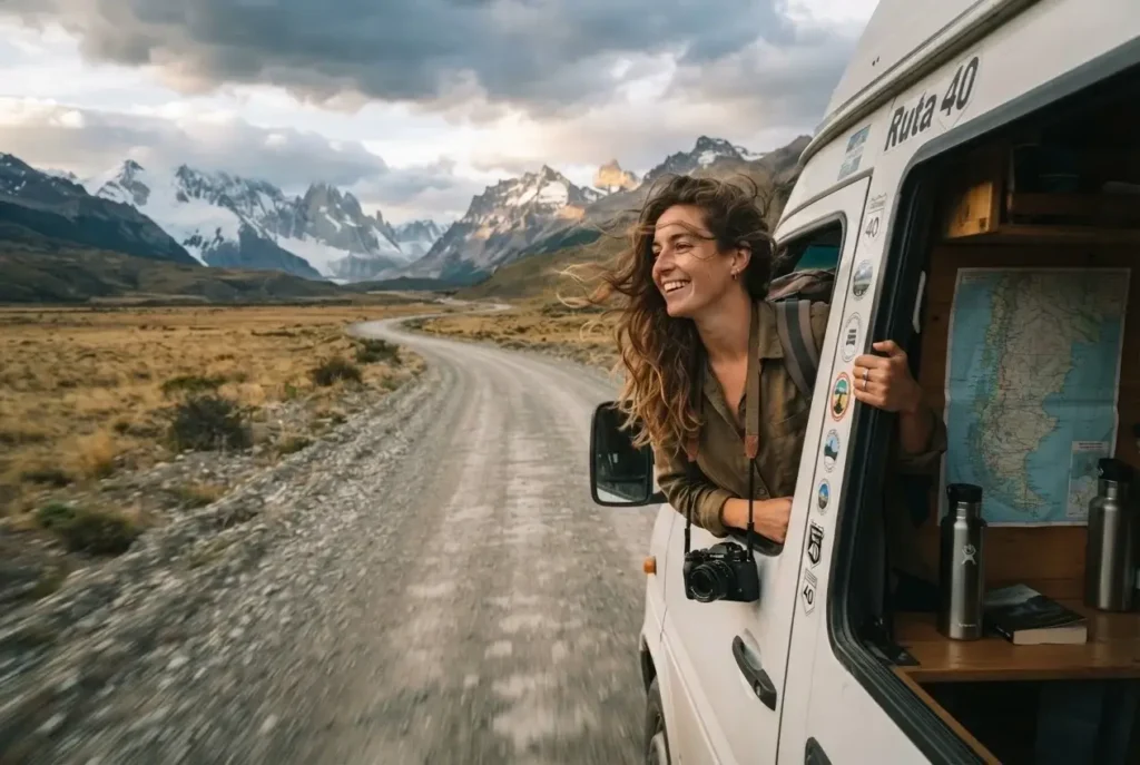 Female solo traveler leaning out of a campervan window on a remote Patagonian gravel road surrounded by dramatic mountain landscape and open sky
