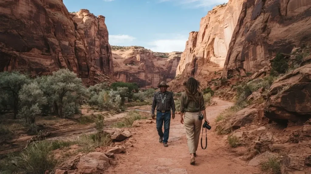 Solo female traveler on a Navajo-guided hiking trail inside Canyon de Chelly, towering red sandstone walls rising in the background, northeastern Arizona