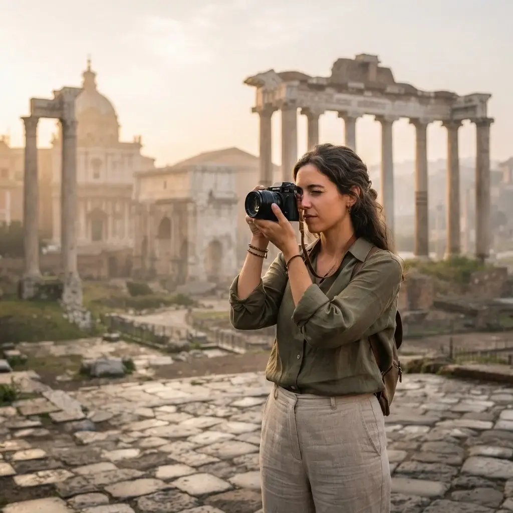 A solo traveler with a mirrorless camera captures the early morning light on ancient stone architecture in a quiet, empty Rome plaza.