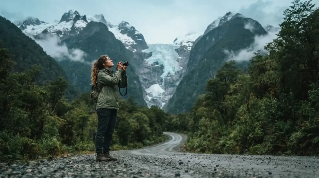 Solo female traveler photographing the Queulat Hanging Glacier from a gravel road on the Carretera Austral in Chilean Patagonia