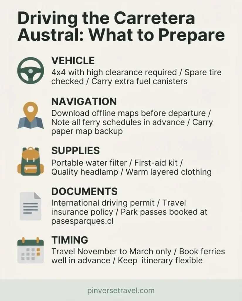 Infographic checklist of what to bring and prepare before driving the Carretera Austral in Chilean Patagonia including vehicle gear and supplies