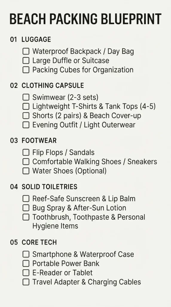 A crisp 9:16 smartphone-optimized packing checklist infographic divided into clean categorised rows: Luggage, Clothing Capsule, Footwear, Solids, and Core Electronics.