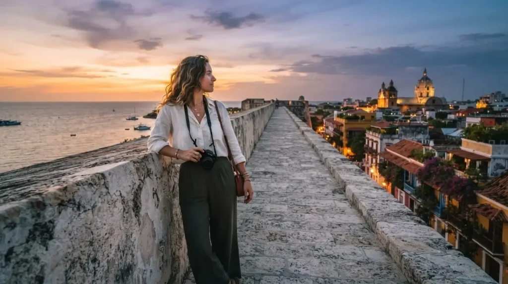 Solo female traveler looking out over Cartagena Colombia from the top of the colonial city walls at sunset with the Caribbean sea in the background