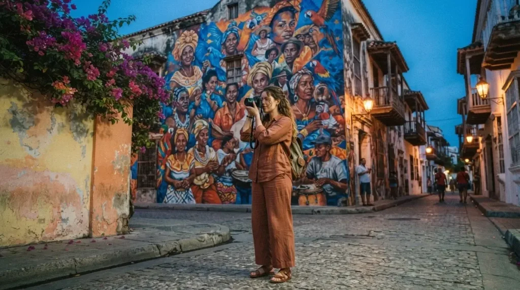 Solo female traveler exploring the colorful street art and bougainvillea-lined streets of Getsemani neighborhood Cartagena Colombia at dusk