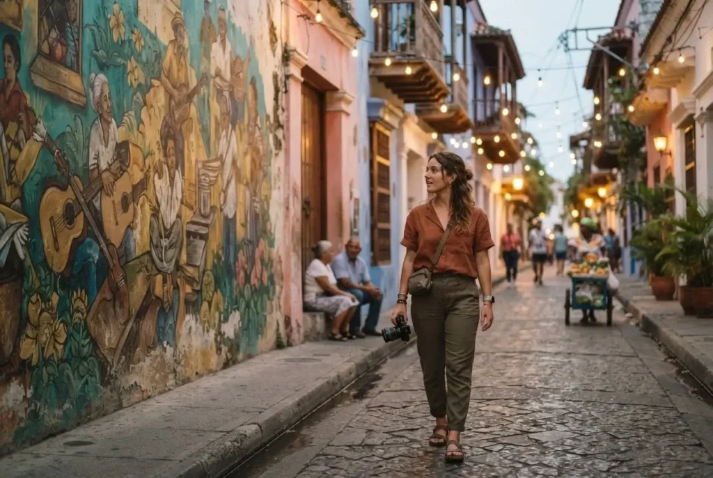 Colorful colonial street in Getsemani neighborhood Cartagena Colombia with street murals and local vendors in the evening
