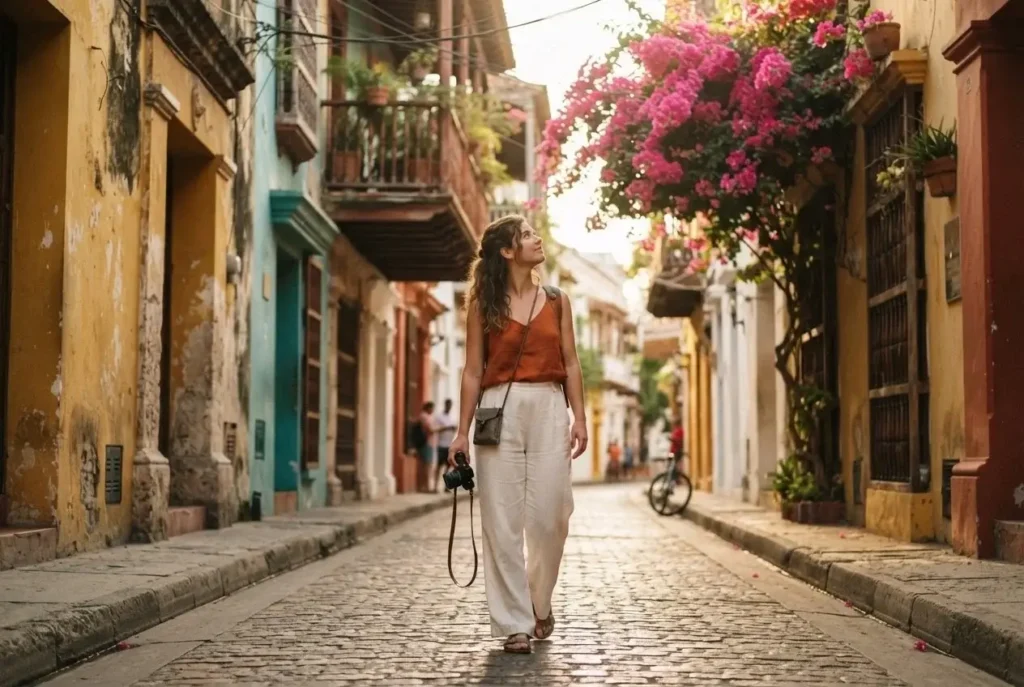 Solo female traveler walking through a vibrant cobblestone street inside the walled old city of Cartagena Colombia with brightly painted colonial buildings and bougainvillea overhead