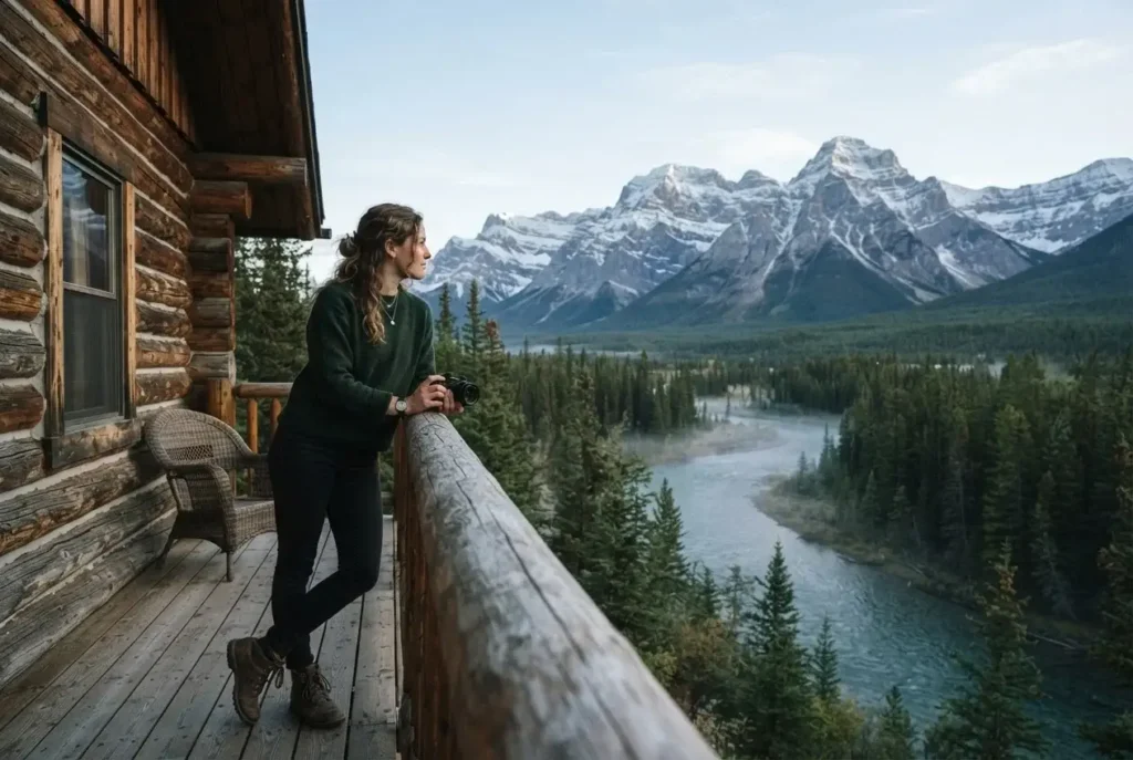 Solo female traveler on the private deck of a log cabin at Cathedral Mountain Lodge Yoho National Park British Columbia Canada with snow-capped Rocky Mountain peaks behind her