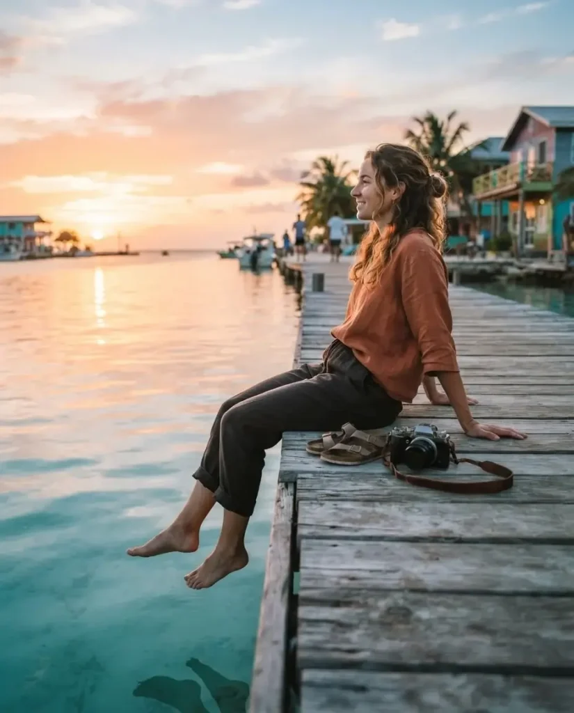 Solo female traveler sitting on the wooden dock at the Split in Caye Caulker Belize, feet dangling over turquoise Caribbean water at sunset