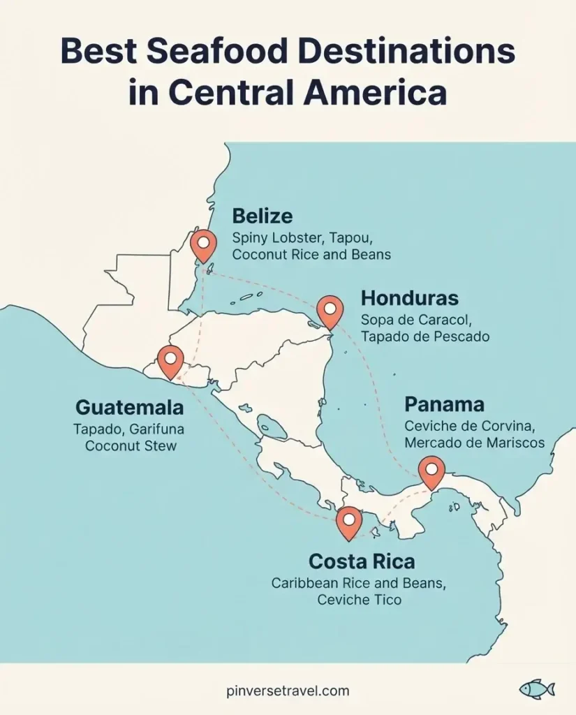 Minimalist flat map infographic of Central America with five labeled seafood destinations Belize Panama Honduras Guatemala Costa Rica with signature dishes