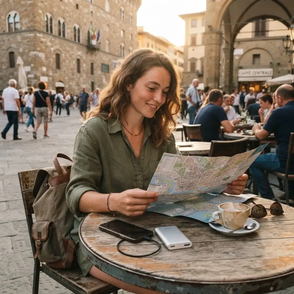 A solo traveler sitting at a small outdoor cafe table, charging her phone with a slim power bank while enjoying a break in a historic city square.