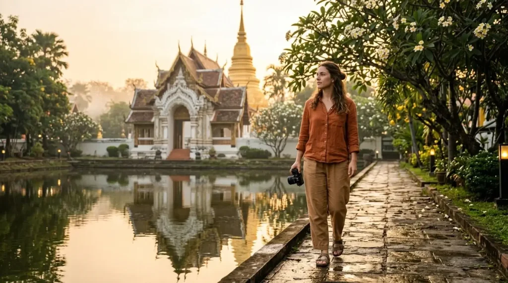Young woman solo traveler with a mirrorless camera exploring Chiang Mai Old City temples Thailand at golden hour morning light moat reflection