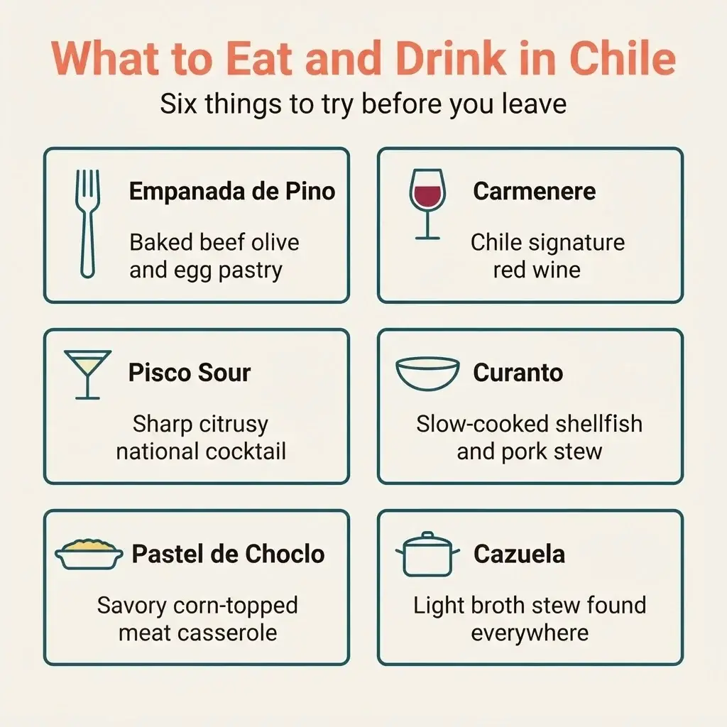 Flat vector infographic showing traditional Chilean foods and drinks including empanada de pino pisco sour carmenere curanto pastel de choclo and cazuela with simple icons