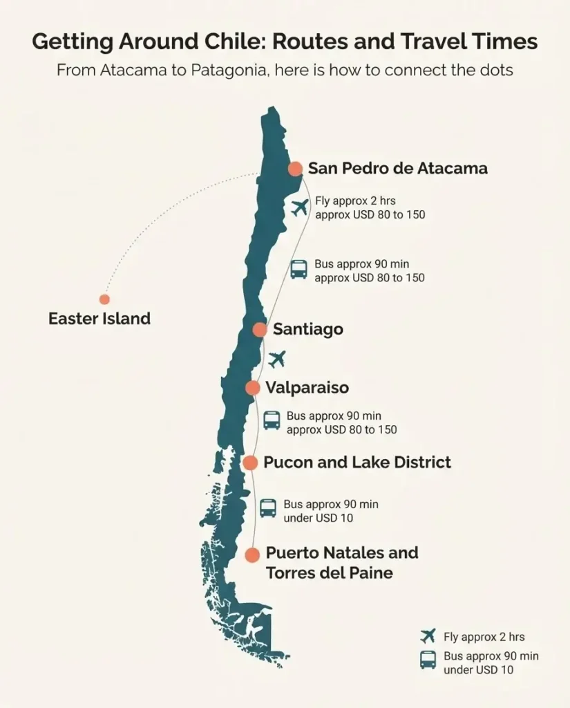 Minimalist infographic map showing transport routes and travel times between major Chile destinations including Santiago Atacama Easter Island Torres del Paine and the Lake District
