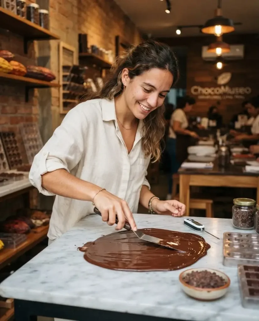 Young woman solo traveler tempering melted dark chocolate on a marble slab during a bean to bar workshop at ChocoMuseo in Miraflores Lima Peru