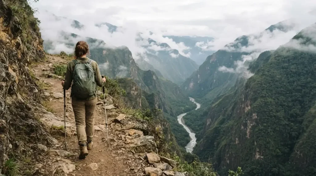 Female solo traveler hiking a narrow mountain trail above the Apurimac Canyon toward Choquequirao ruins, Peru Andes