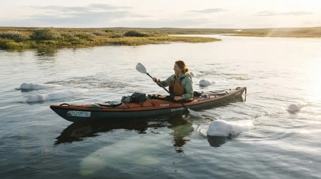 Solo female traveler in a sea kayak surrounded by white beluga whales in the Churchill River estuary Hudson Bay Manitoba Canada in summer golden light
