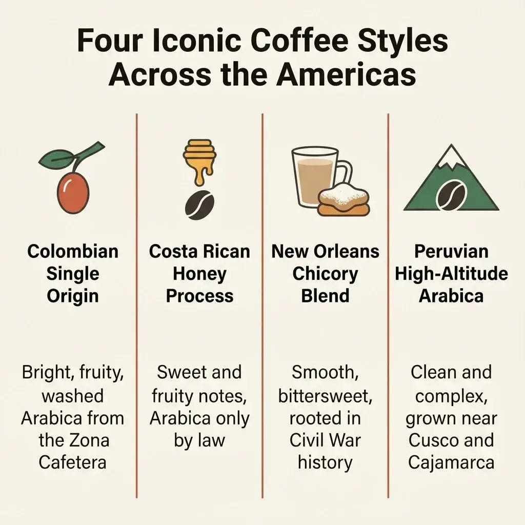 Flat infographic comparing four iconic coffee styles across the Americas including Colombian single origin, Costa Rican honey process, New Orleans chicory cafe au lait, and Peruvian high-altitude arabica