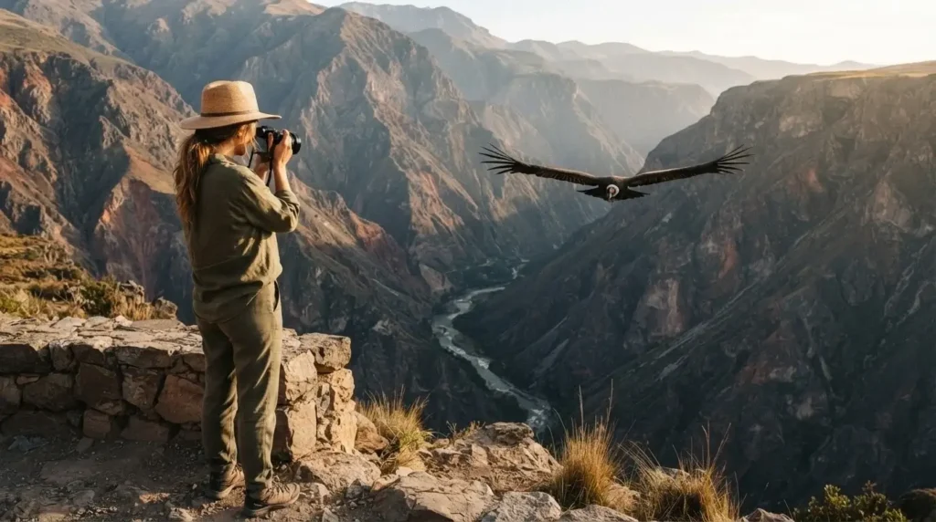 Solo female traveler standing at Cruz del Condor viewpoint above Colca Canyon Peru, Andean condor soaring over the vast canyon below at sunrise