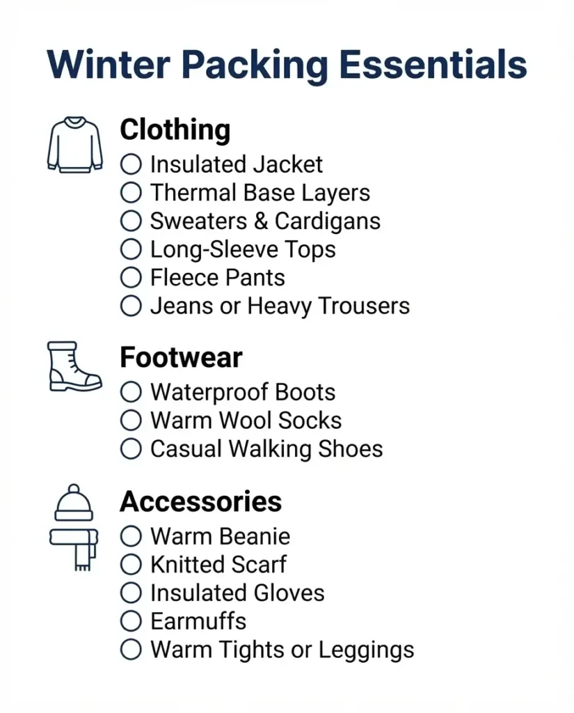 A minimalist, clean checklist infographic for cold weather travel essentials, categorized by layers and accessories.