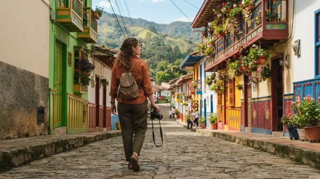 Female solo traveler walking a narrow cobblestone street in Salento Colombia surrounded by brightly painted colonial buildings and green Andean hills