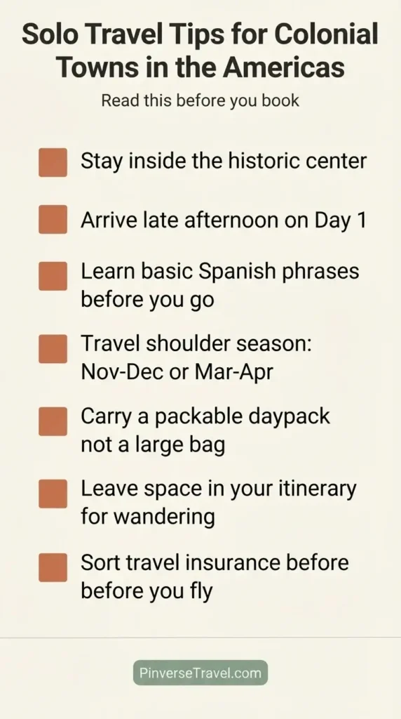 Travel checklist infographic with solo travel tips for visiting historic colonial towns in the Americas including safety packing and planning advice