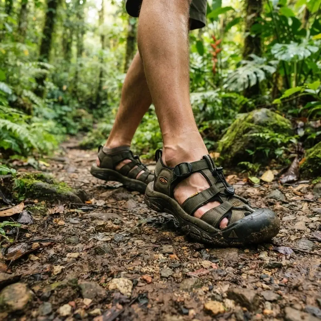 Close-up of a traveler's feet wearing supportive, sturdy walking sandals on a tropical forest path, emphasizing comfort and adventure-ready footwear.