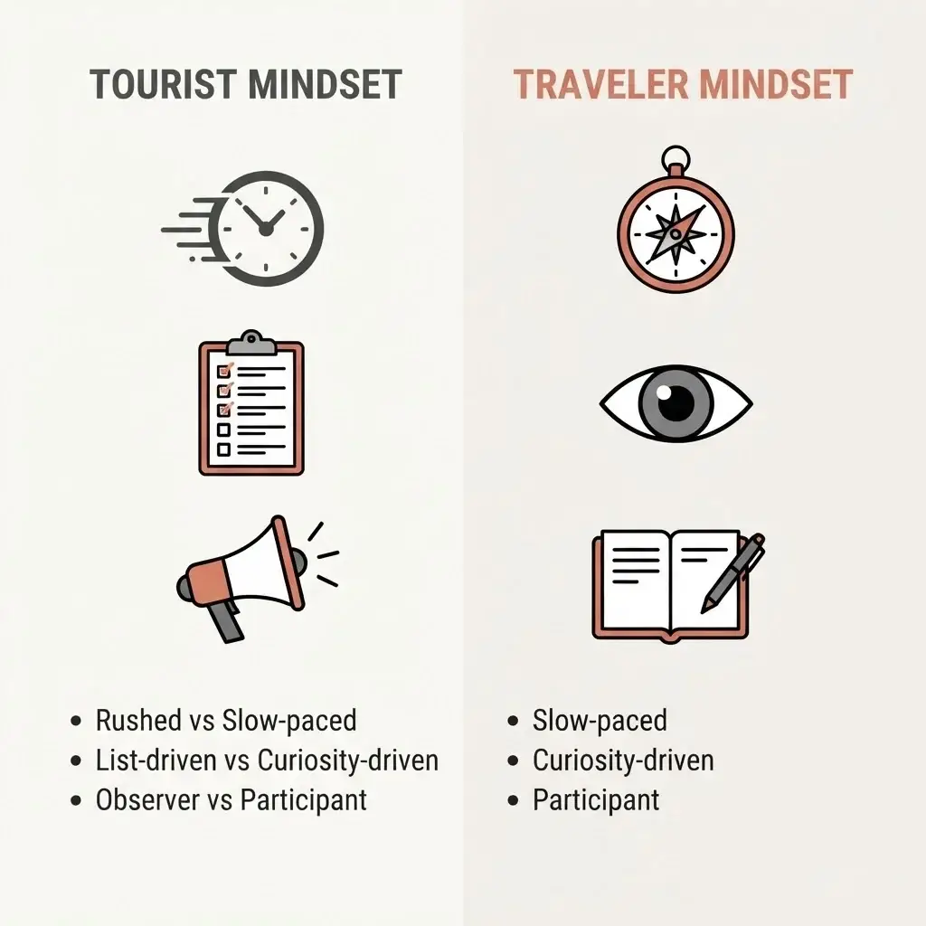 A simple comparison table infographic illustrating the mindset differences between a "tourist" (rushed, checklist-focused, loud) and a "traveler" (slow, curiosity-focused, observant).