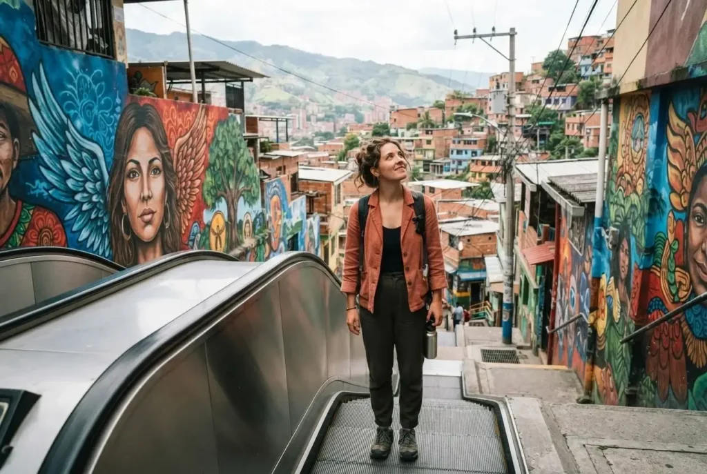 Solo female traveler walking through Comuna 13 Medellin Colombia surrounded by colorful street murals near the outdoor escalators