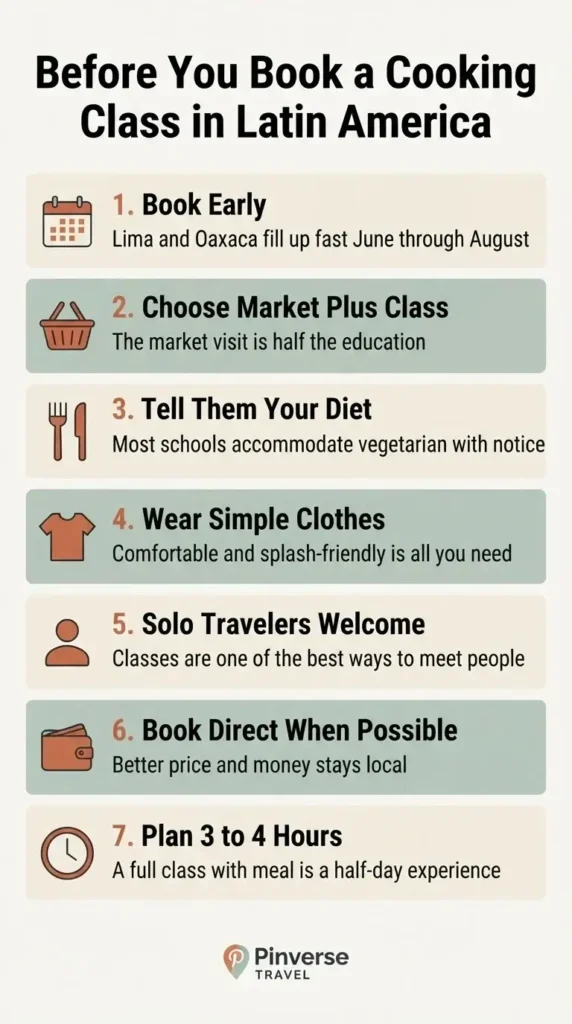 Checklist infographic with practical tips for booking a cooking class in Latin America including timing, format, and solo travel advice