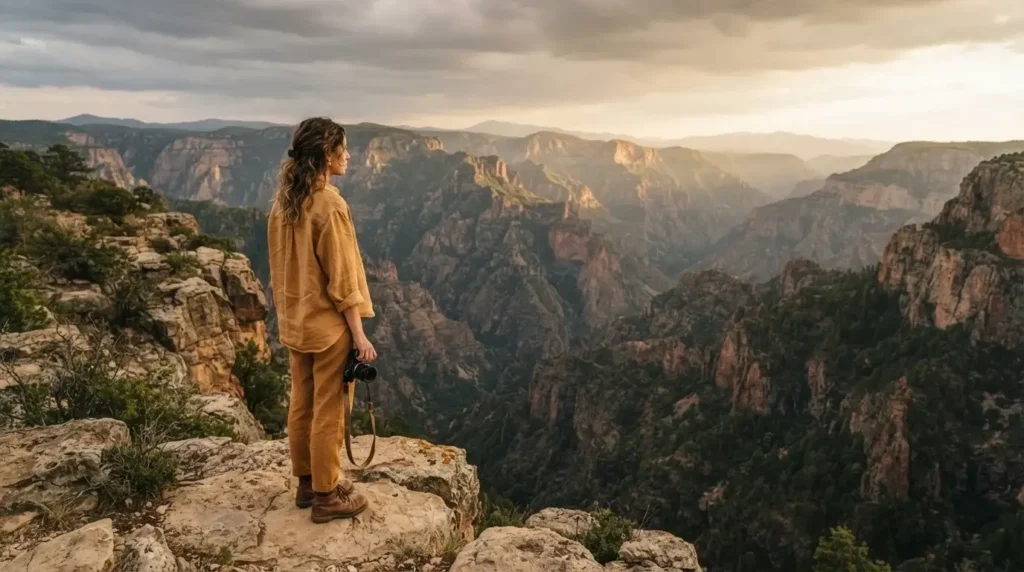 Solo female traveler at a viewpoint overlooking the green and copper-hued Barrancas del Cobre canyon system in Chihuahua Mexico, Sierra Madre mountains in the distance