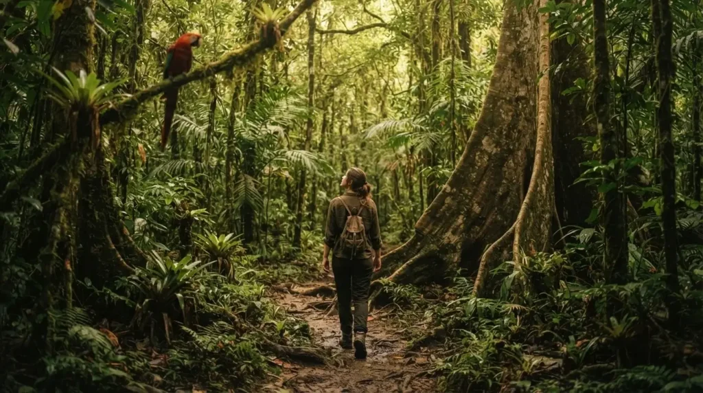 Solo female traveler walking a narrow jungle trail inside Corcovado National Park on Costa Rica's Osa Peninsula, tall rainforest canopy overhead