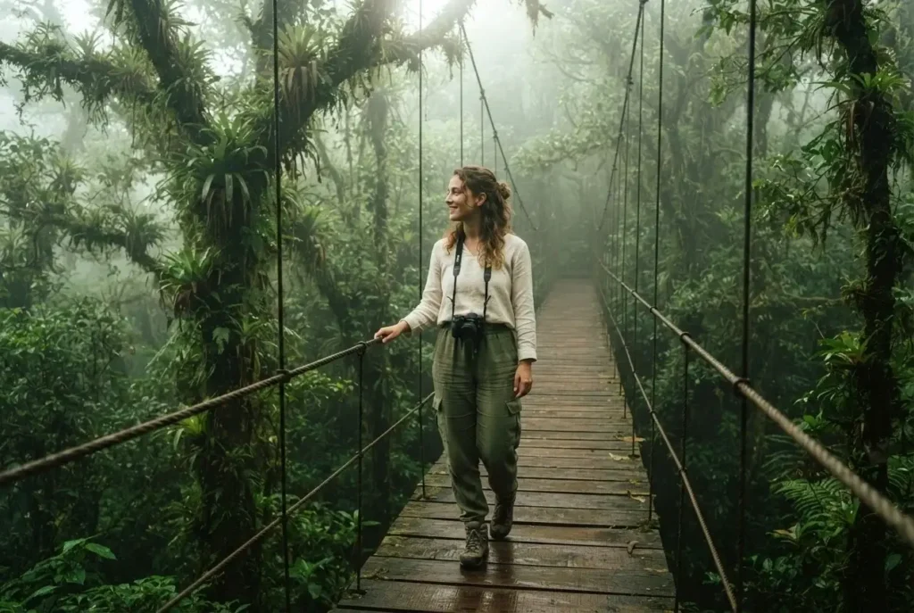 Solo female traveler standing on a wooden suspension bridge in the Monteverde cloud forest Costa Rica surrounded by dense green jungle canopy and mist