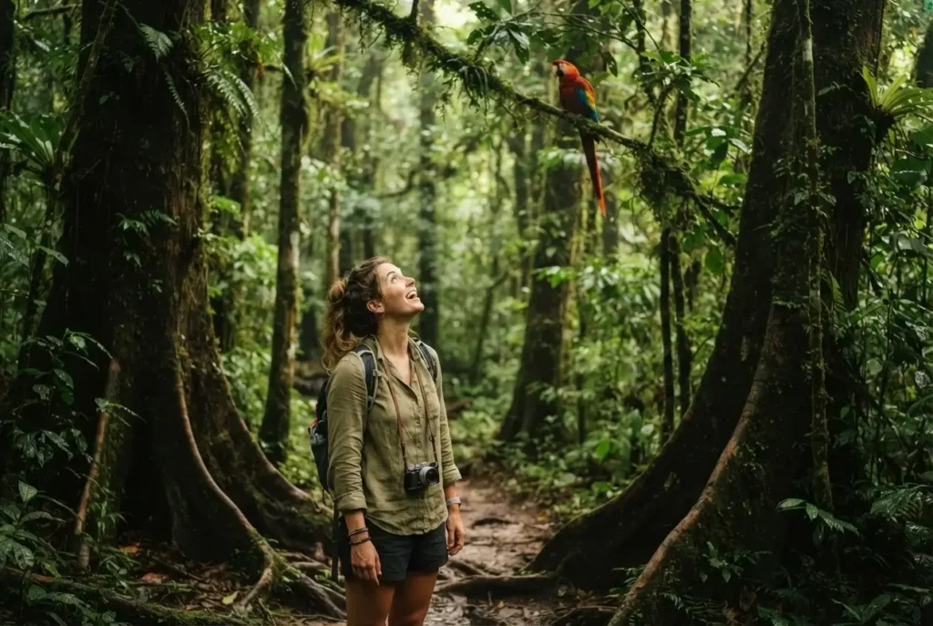 Female solo traveler on a jungle trail in Corcovado National Park Costa Rica looking up at a scarlet macaw in the forest canopy with misty rainforest light
