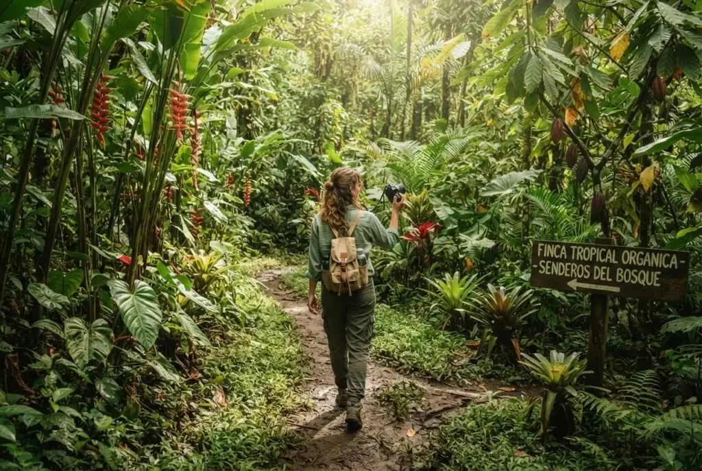 Solo female traveler walking a narrow trail through a lush tropical farm and rainforest at Finca Luna Nueva Lodge near Arenal Volcano Costa Rica