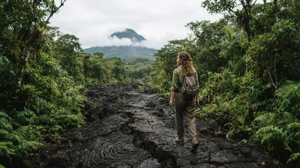 Solo female traveler walking a hardened lava flow trail at Arenal Volcano National Park in La Fortuna, Costa Rica, surrounded by dense green rainforest