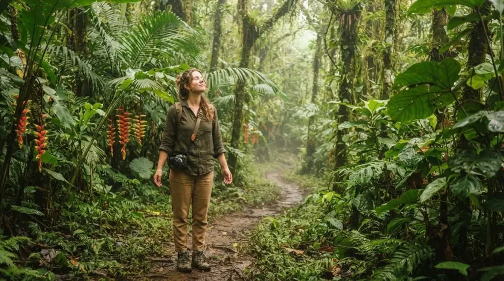 Solo female traveler pausing on a jungle trail in Costa Rica Sarapiqui rainforest, surrounded by dense tropical vegetation and filtered green light