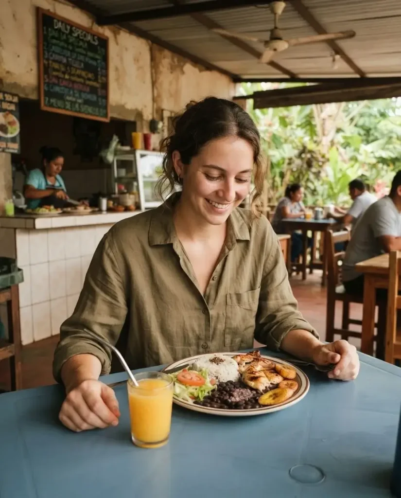 Solo female traveler eating a traditional casado plate at a local Costa Rican soda, open-air family restaurant with a warm, unpretentious atmosphere