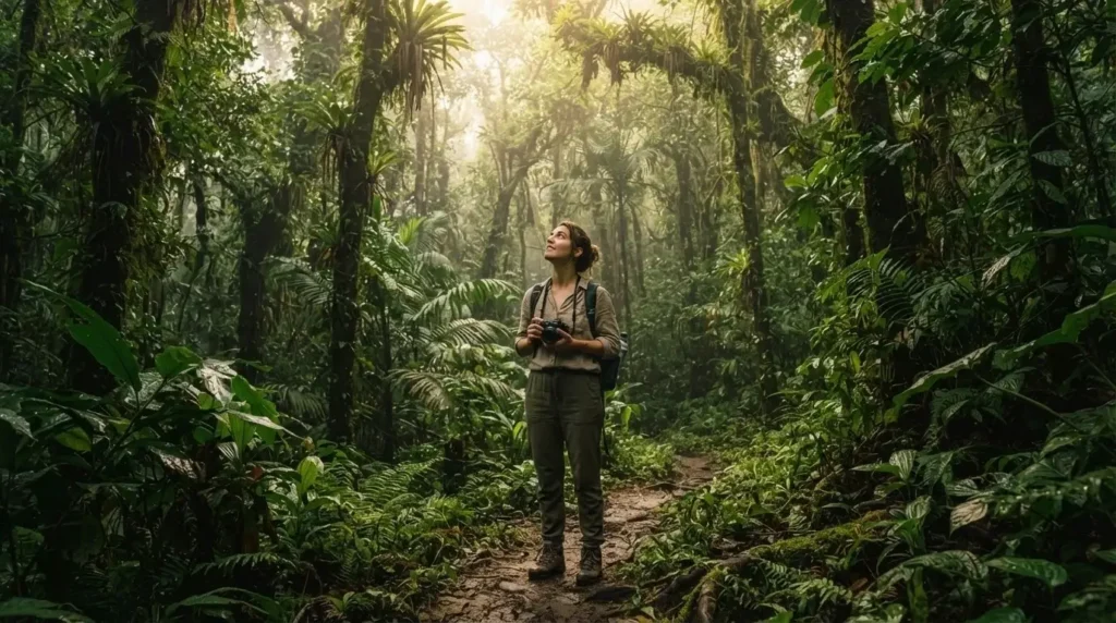Solo female traveler photographing tropical rainforest canopy on the Pacific coast of Costa Rica in warm morning light