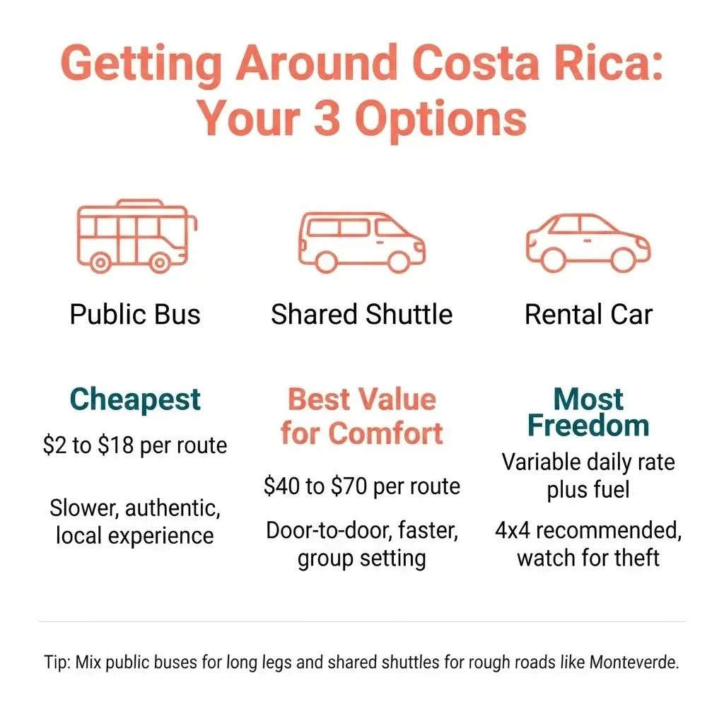 Infographic comparing public bus, shared shuttle, and rental car options for solo travel in Costa Rica with cost and time trade-offs