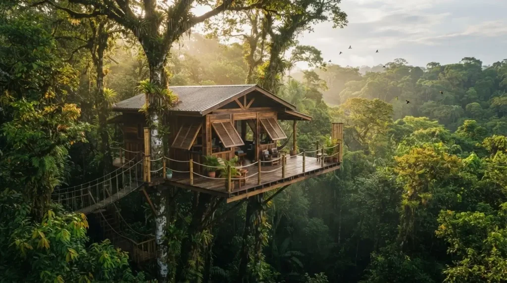 Aerial view of a wooden treehouse nestled in dense Caribbean rainforest canopy in Limon Province Costa Rica in early morning light