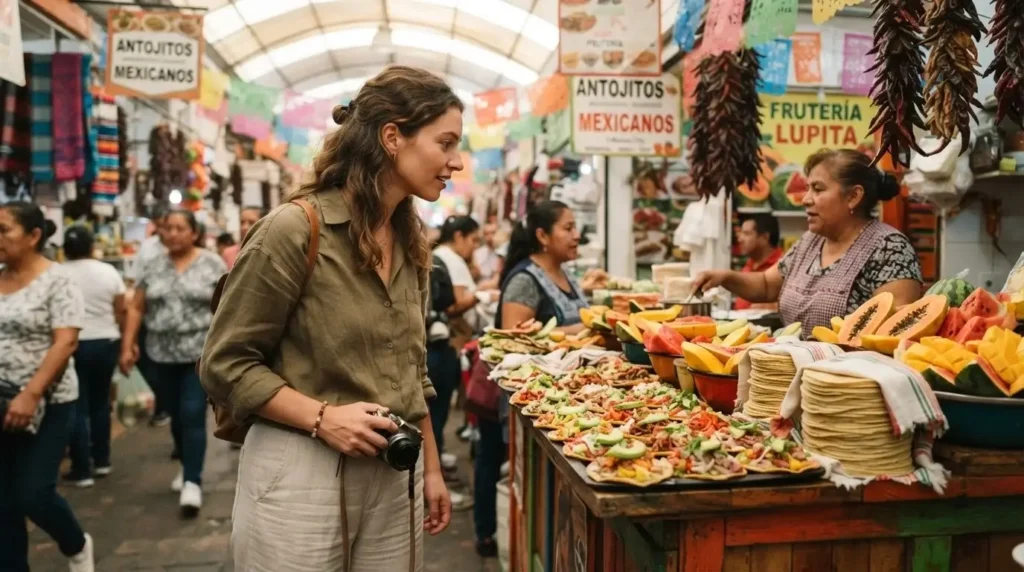 Solo female traveler browsing a vibrant stall inside Mercado de Coyoacan Mexico City, colorful tostadas and fresh fruit on display, warm natural light filtering through the market roof