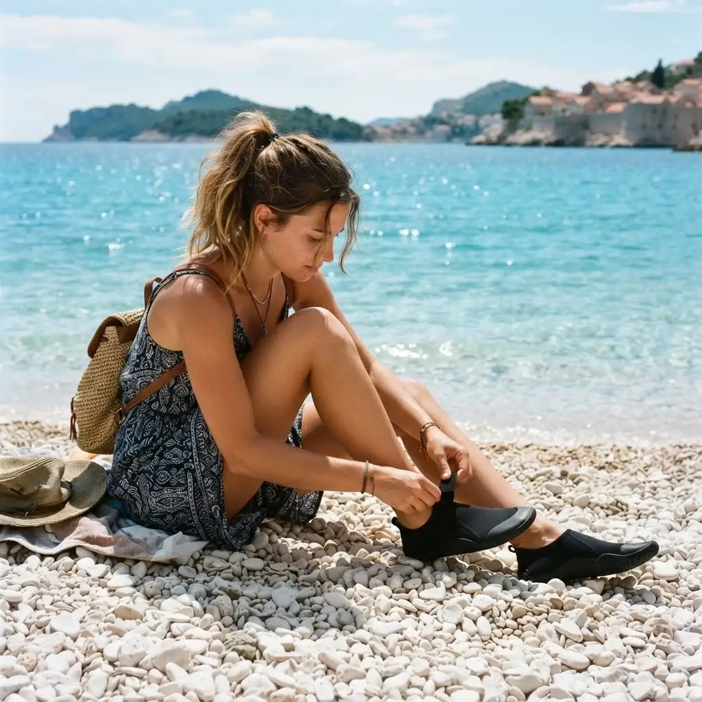 A close-up of a solo traveler’s feet wearing durable black rubber water shoes on a white pebble beach along the Dalmatian Coast of Croatia, with clear turquoise sea water in the foreground.