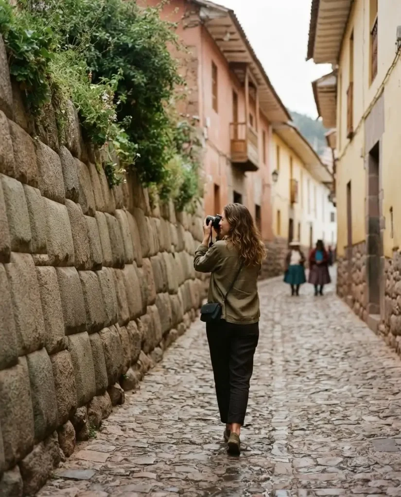Solo female traveler exploring the cobblestone streets of Cusco historic center Peru with Inca stone walls and colonial architecture