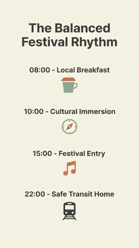 An infographic showing a balanced daily schedule for solo travelers, highlighting time slots for local exploration, rest, and festival events.