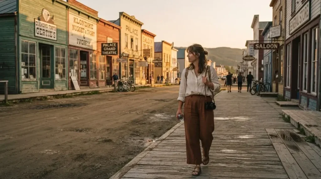Solo female traveler walking along the historic wooden boardwalk main street of Dawson City Yukon Canada at golden hour with colorful heritage storefronts and summer evening light