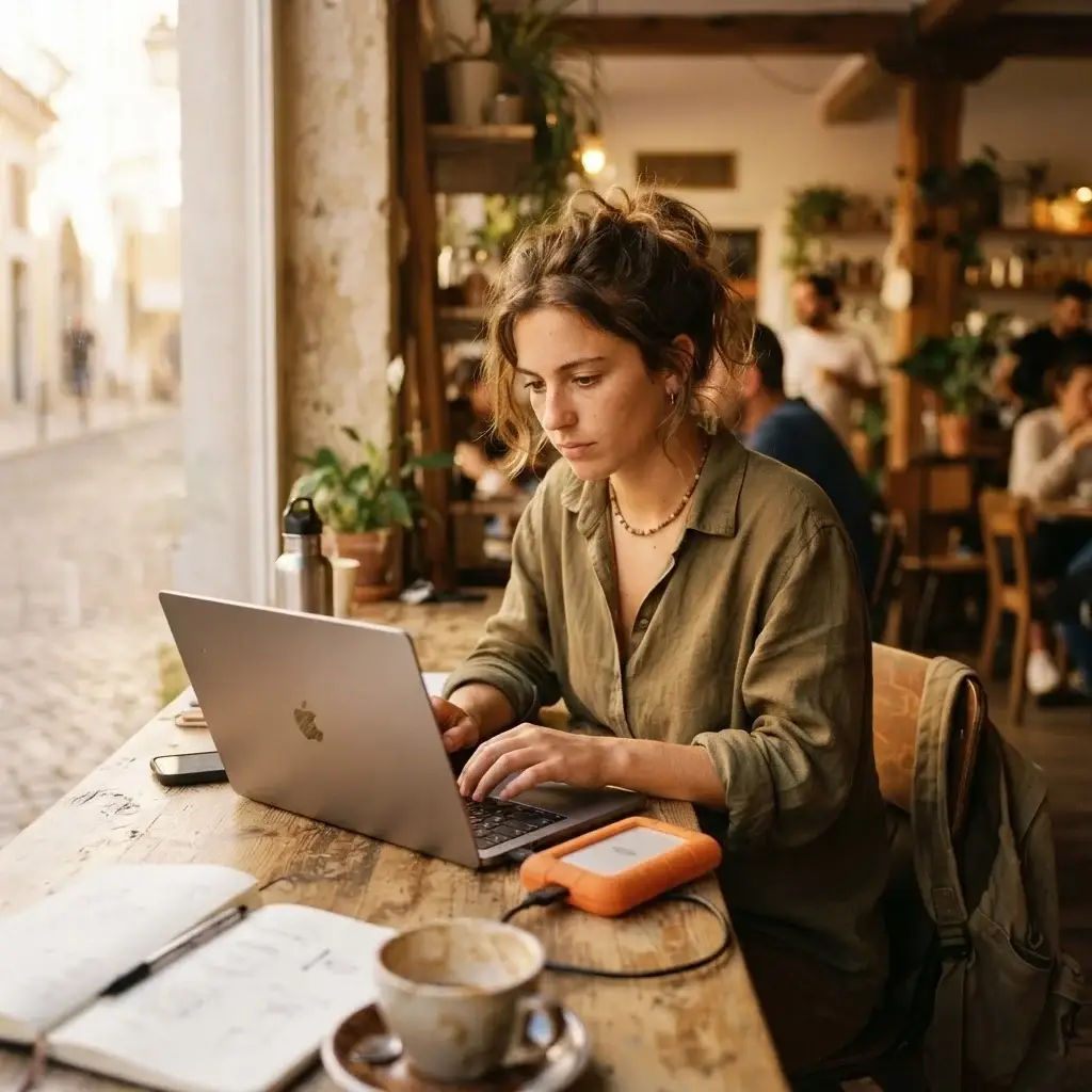A solo traveler sitting in a cozy, rustic cafe environment with a rugged external hard drive and laptop, performing a nightly photo backup.