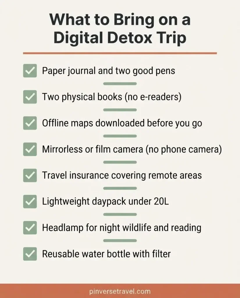 Flat vector checklist infographic titled What to Bring on a Digital Detox Trip listing items like paper journal, physical book, offline maps, mirrorless camera, and travel insurance, clean minimalist design