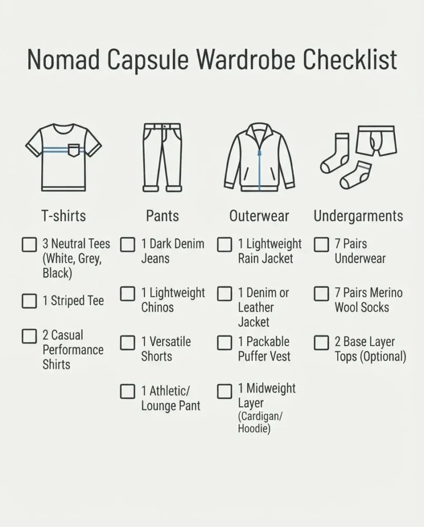 A modern, clean infographic checklist displaying the essential items for a minimalist digital nomad capsule wardrobe, categorized by clothing type.