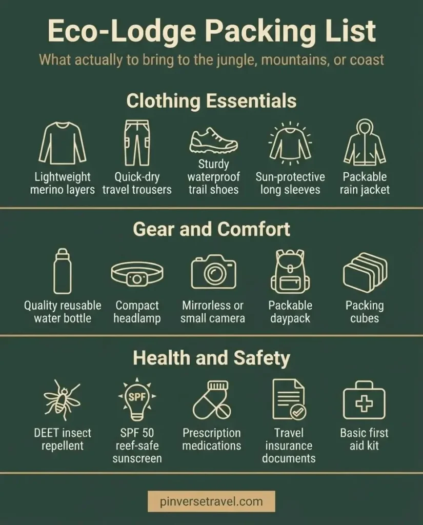Minimalist packing checklist infographic for eco-lodge travel in the Americas covering clothing gear and essential items for jungle and mountain stays